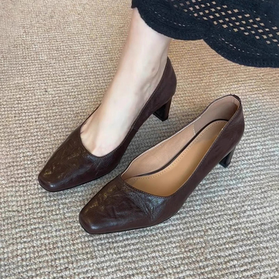 羊皮版~复古方头通勤小单鞋女真皮一脚蹬时尚简约休闲职业高跟鞋