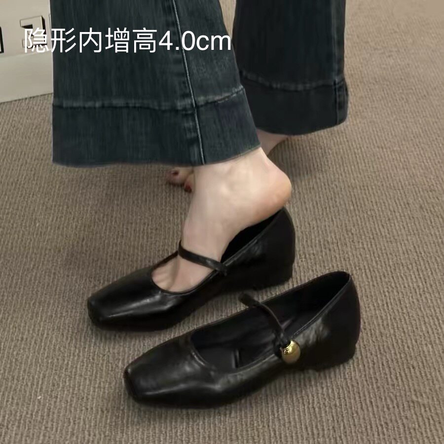 羊皮4cm增高法式单鞋粗跟小皮鞋