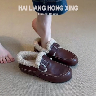 羊皮版~复古加绒勃肯鞋女新款厚底内增高毛毛小皮鞋乐福单鞋棉鞋