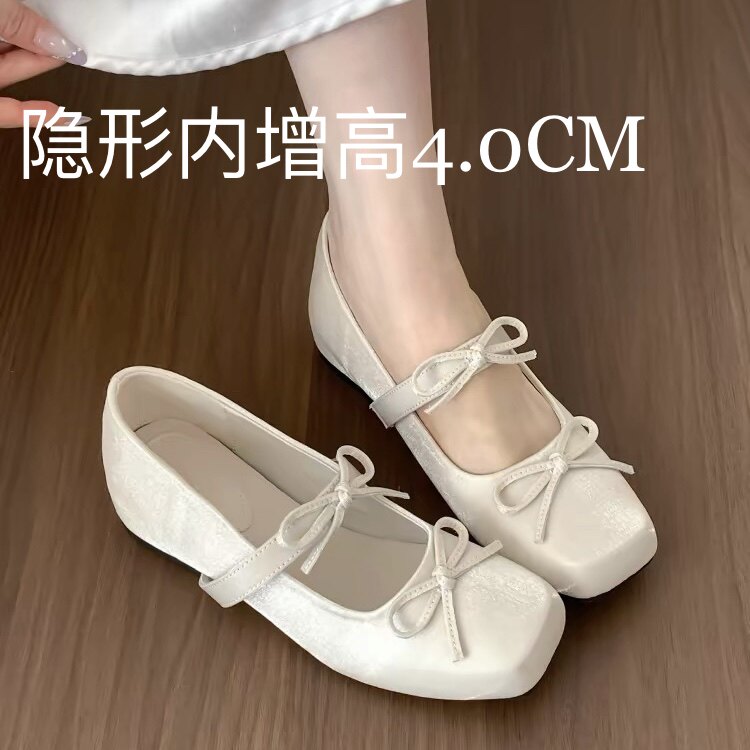 羊皮版~仙女风配裙子内增高芭蕾单鞋女白色蝴蝶结平底玛丽珍鞋子