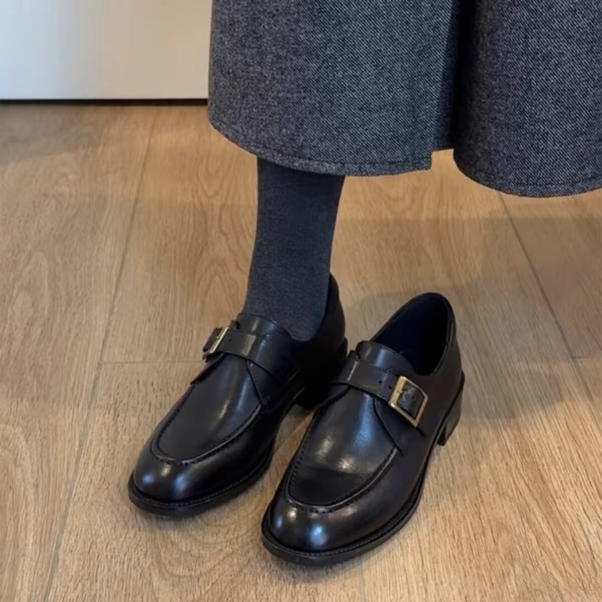 羊皮版~通勤单鞋女皮带扣真皮乐福鞋女复古风显瘦低跟百搭小皮鞋