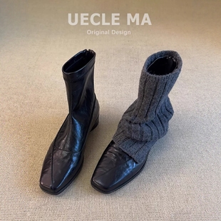 小羊皮~巨好看短靴女秋冬~2025新款方头马丁靴小个子法式瘦瘦靴女