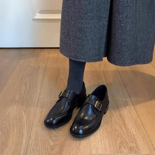 羊皮版~通勤单鞋女皮带扣真皮乐福鞋女复古风显瘦低跟百搭小皮鞋