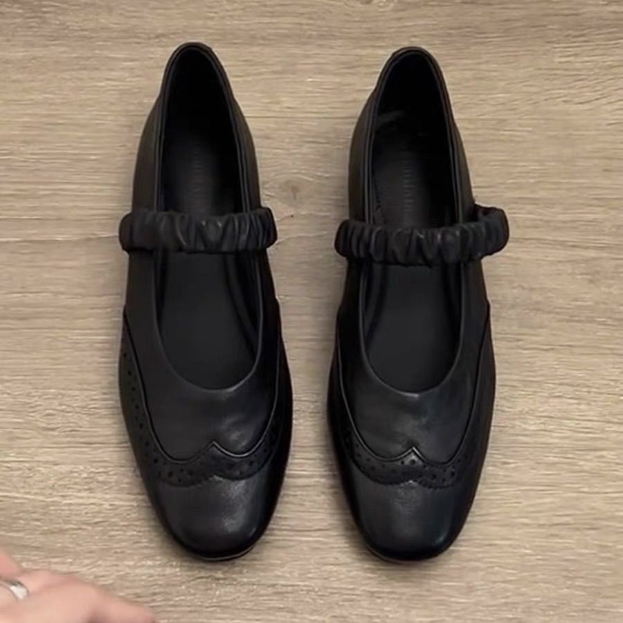 超软羊皮~复古法式单鞋女平底芭蕾鞋布洛克黑色晚晚鞋子玛丽珍鞋