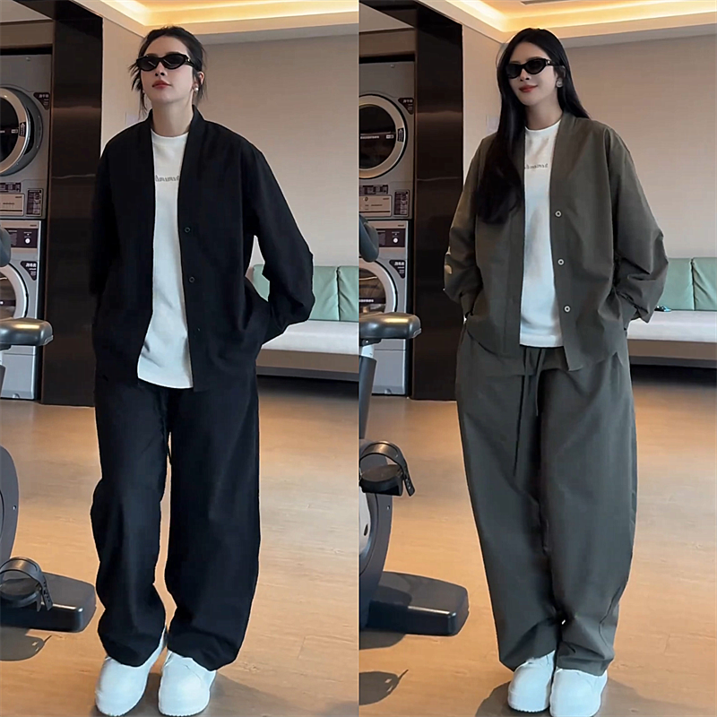 简约纯色V领外套休闲裤两件套