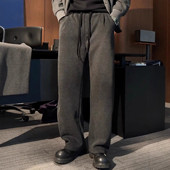 男重磅加厚宽松百搭直筒弯刀裤 冬季 加绒极简人字纹撞色腰头休闲裤