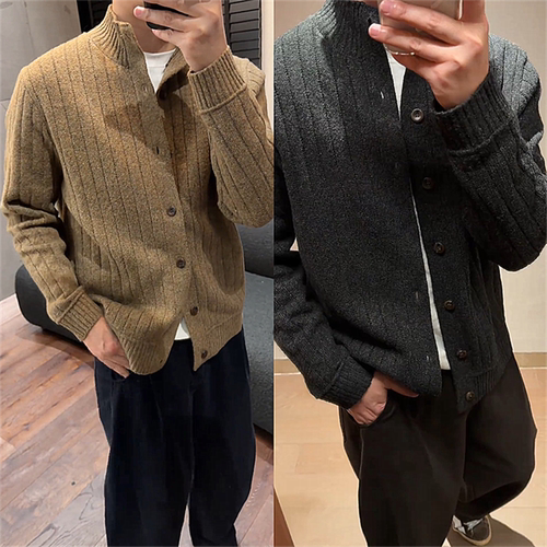 竖条纹肌理感老钱风针织毛衣开衫