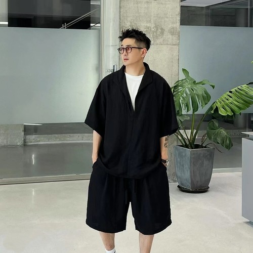 夏季假两件天丝亚麻衬衫短裤套装