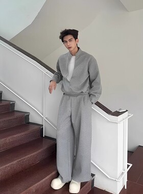 简约纯色高级感假两件卫衣卫裤套装男士春季百搭宽松休闲运动套装