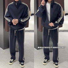 春季新款竖条纹休闲运动套装男士韩系潮流卫衣直筒卫裤情侣两件套