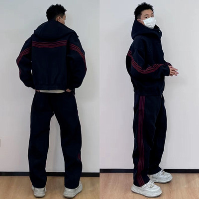 重磅拼接三条杠连帽卫衣运动套装