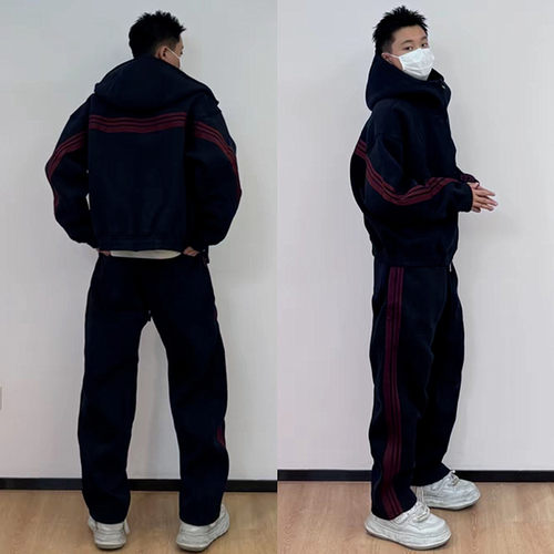 重磅拼接三条杠连帽卫衣运动套装