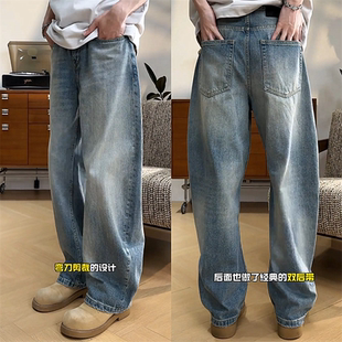 休闲百搭宽松阔腿直筒裤 春夏新款 时尚 男士 水洗复古香蕉弯刀牛仔裤