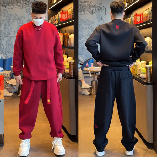 冬季加绒加厚马上有福刺绣休闲套装男士时尚宽松卫衣休闲裤两件套