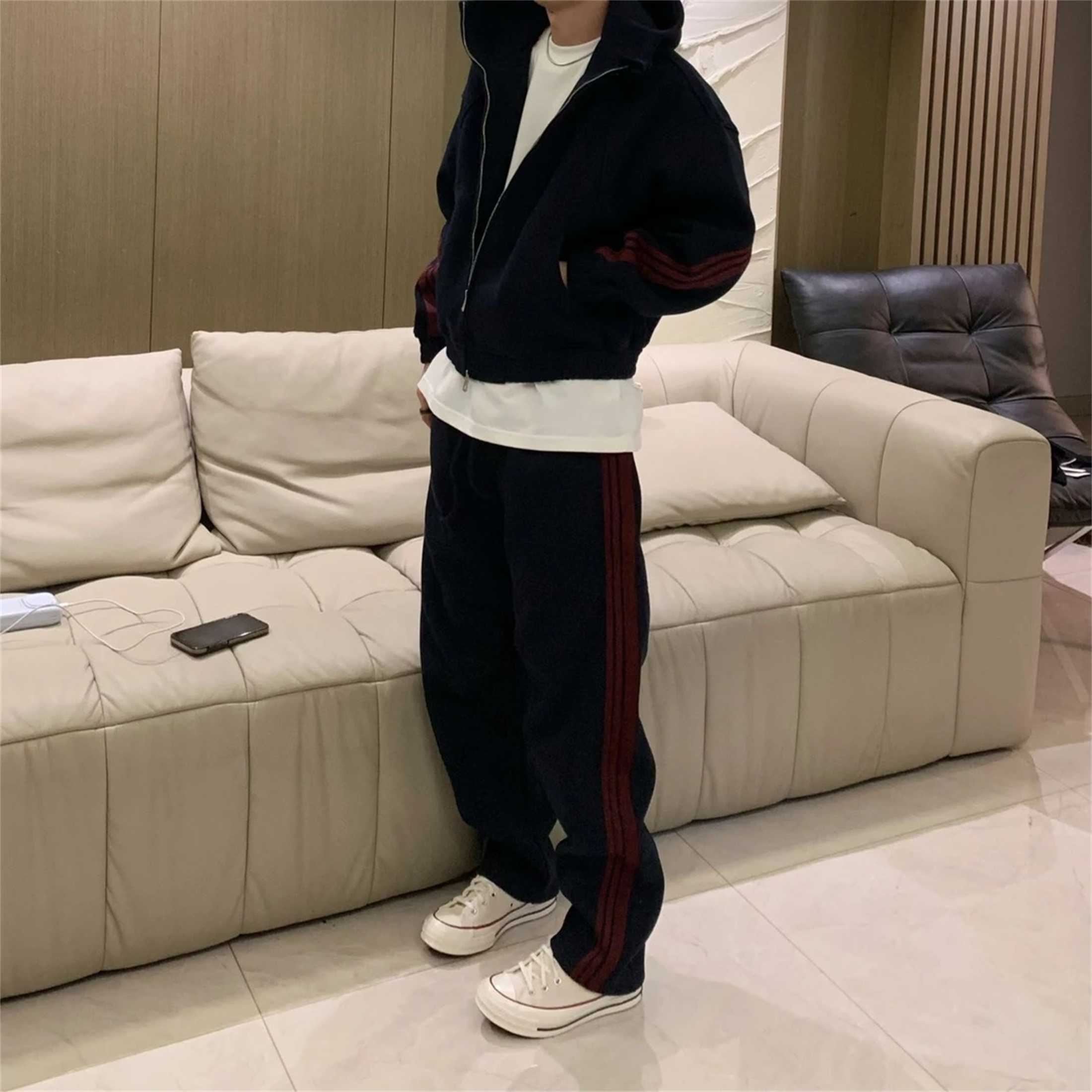 美式重磅拼接撞色三条杠休闲运动套装男士秋冬厚款卫衣卫裤两件套,男装,休闲运动套装,淘宝优惠券,粉丝福利购,淘宝优惠卷