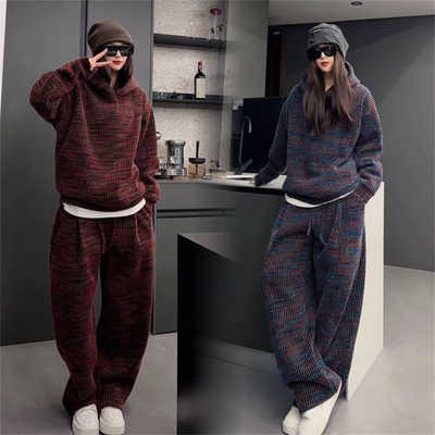 冬季重磅加绒加厚连帽卫衣休闲套装男高级感宽松百搭情侣款两件套