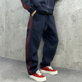 慵懒风宽松百搭弯刀裤 秋冬加厚重磅撞色侧条纹三条杠休闲卫裤 男士