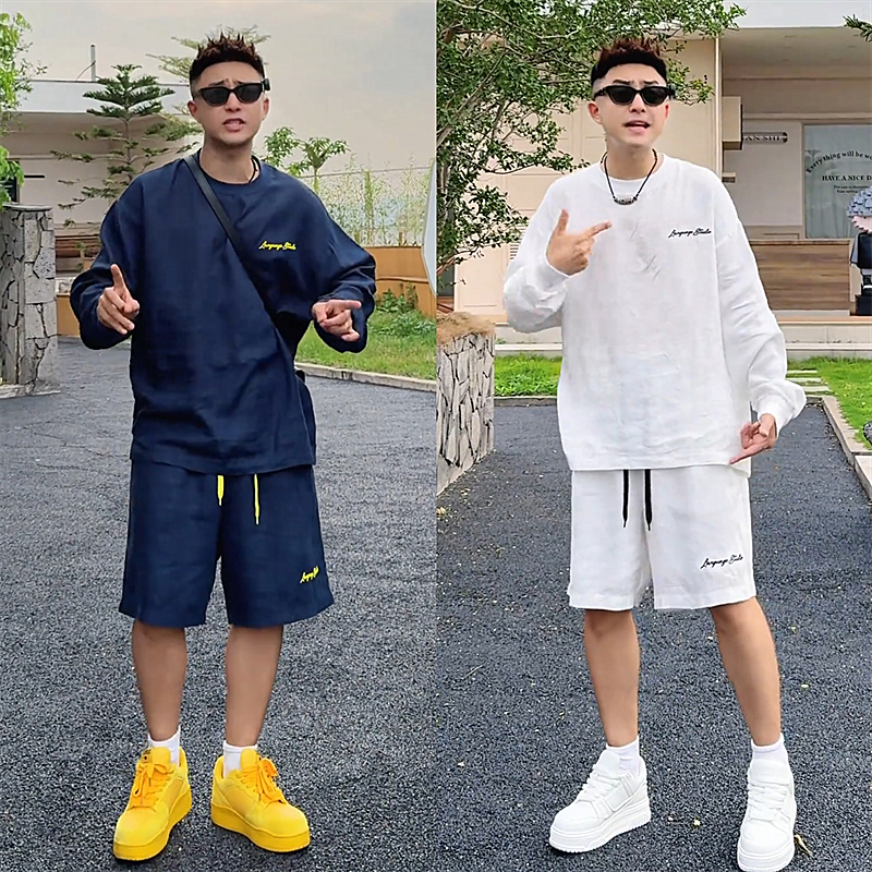 夏季薄款速干透气防晒休闲套装男士潮流刺绣长袖T恤短裤两件套男