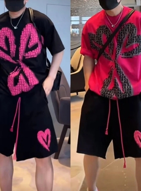 美式潮牌爱心印花T恤两件套男夏季宽松情侣款短袖短裤搭配一整套