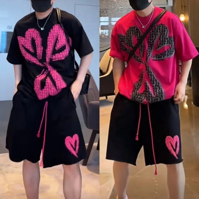 美式潮牌爱心印花T恤两件套男