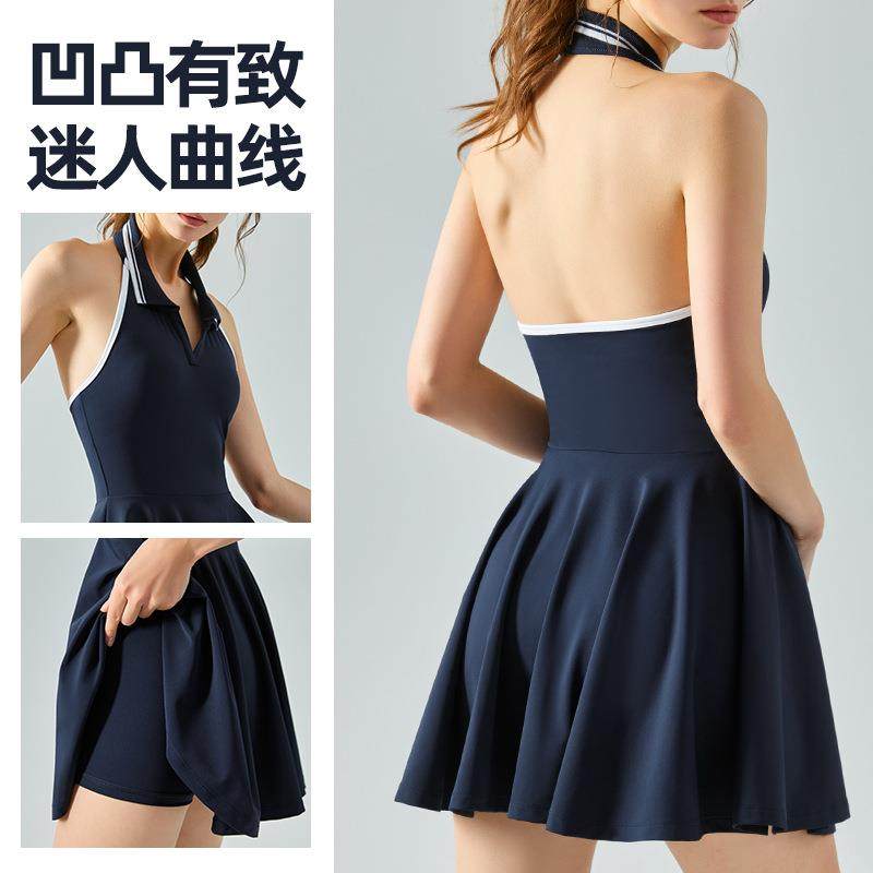 新款挂脖撞色翻领运动连体裙女带胸垫健身露美背防走光网球连衣裙,运动/瑜伽/健身/球迷用品,瑜伽连体衣,淘宝优惠券,粉丝福利购,淘宝优惠卷