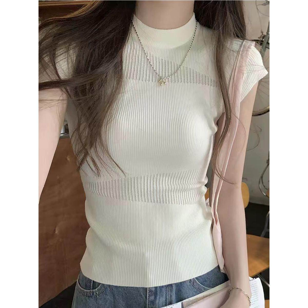 正肩白色t恤女短袖夏季薄款法式镂空设计感小众别致修身针织上衣