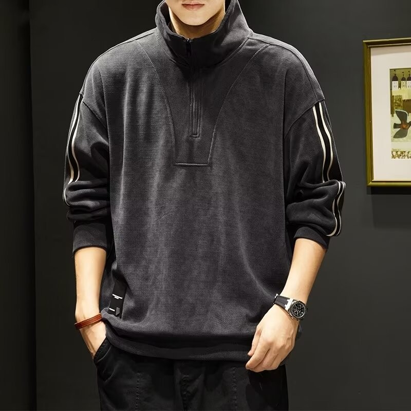 美式复古半高拉链卫衣男春秋灯芯绒条纹衣服长袖宽松大码百搭外套