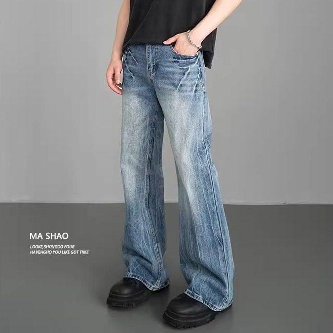 美式潮牌高街闪电裂纹牛仔裤男秋冬厚款直筒微喇裤子高腰拖地长裤