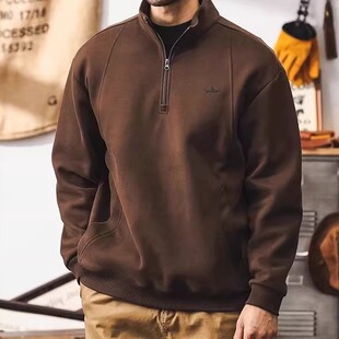 秋季重磅磨毛刺绣男士卫衣美式复古半拉链立领POLO衫宽松套头外套