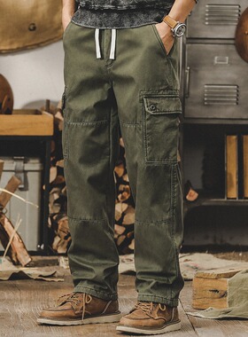美式复古工装裤军绿色男春秋款2024新款裤子男宽松直筒男士休闲裤