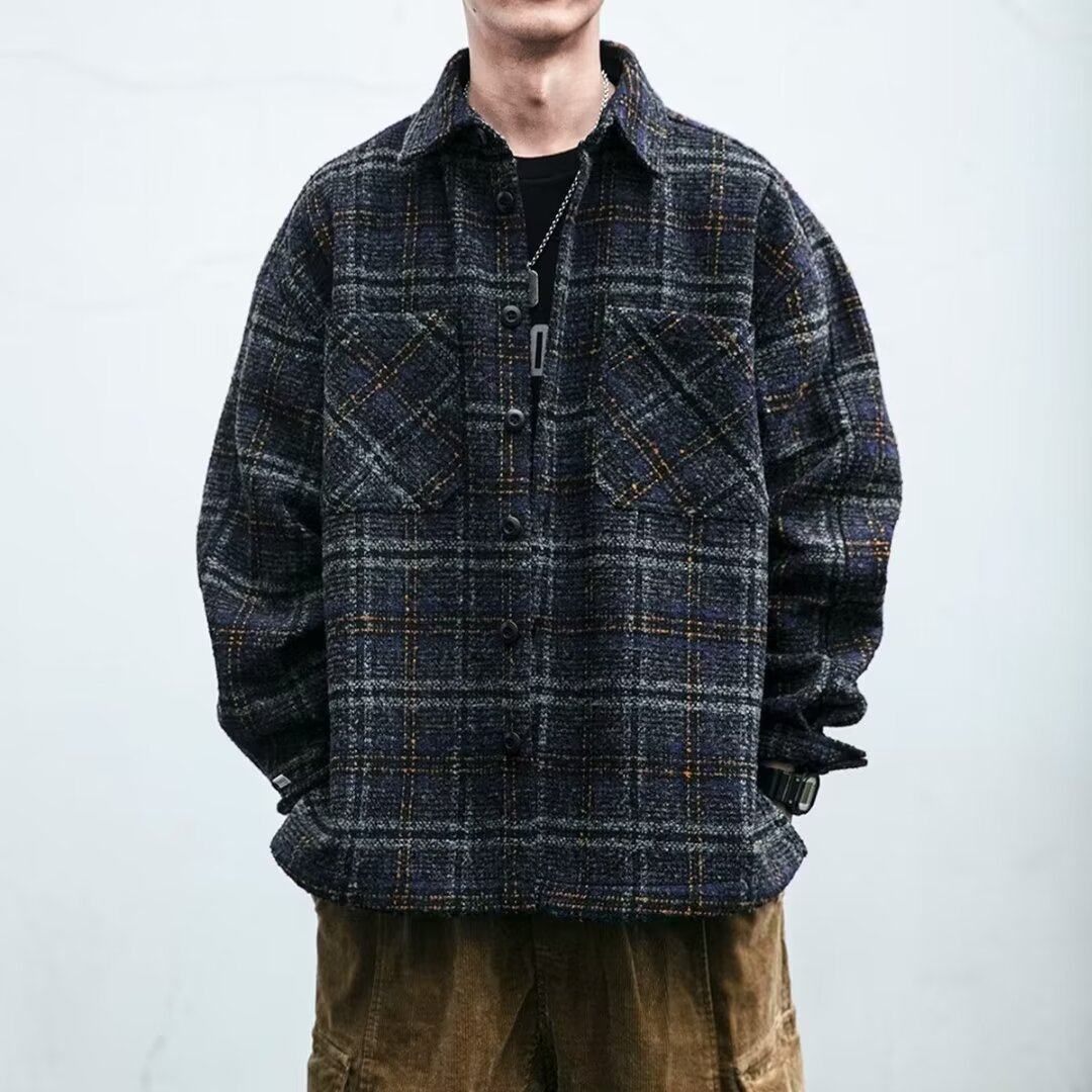 秋冬季重磅加厚格子衬衫男日系潮牌格纹夹克宽松痞帅翻领毛呢外套