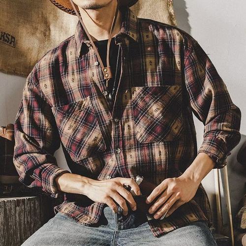 美式复古重磅格子衬衫男衬衣外套