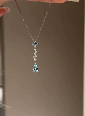 S925纯银蓝色水滴锆石吊坠项链配饰女款清冷感精致时尚气质锁骨链