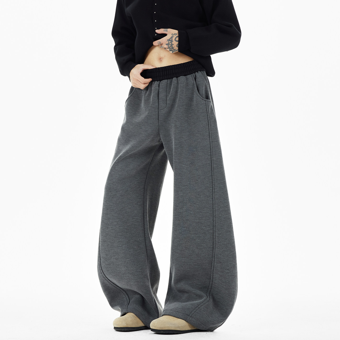 原创现货A412-DM542-特P60-限价98-400g加厚格雷灰腰头弯刀卫裤，男装休闲裤，电商A412