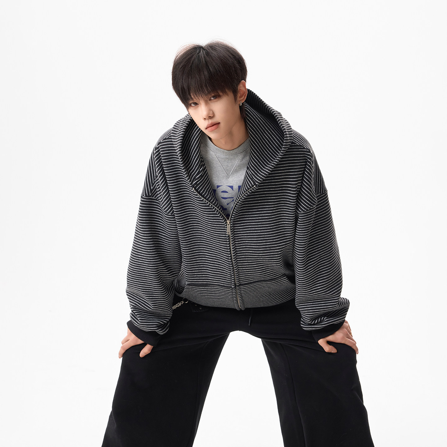 原创现货A412-FM805-特P78-420g条纹连帽开衫拉链卫衣外套，女装短外套，电商A412