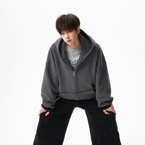 原创现货A412-FM805-特P78-420g条纹连帽开衫拉链卫衣外套，女装短外套，电商A412