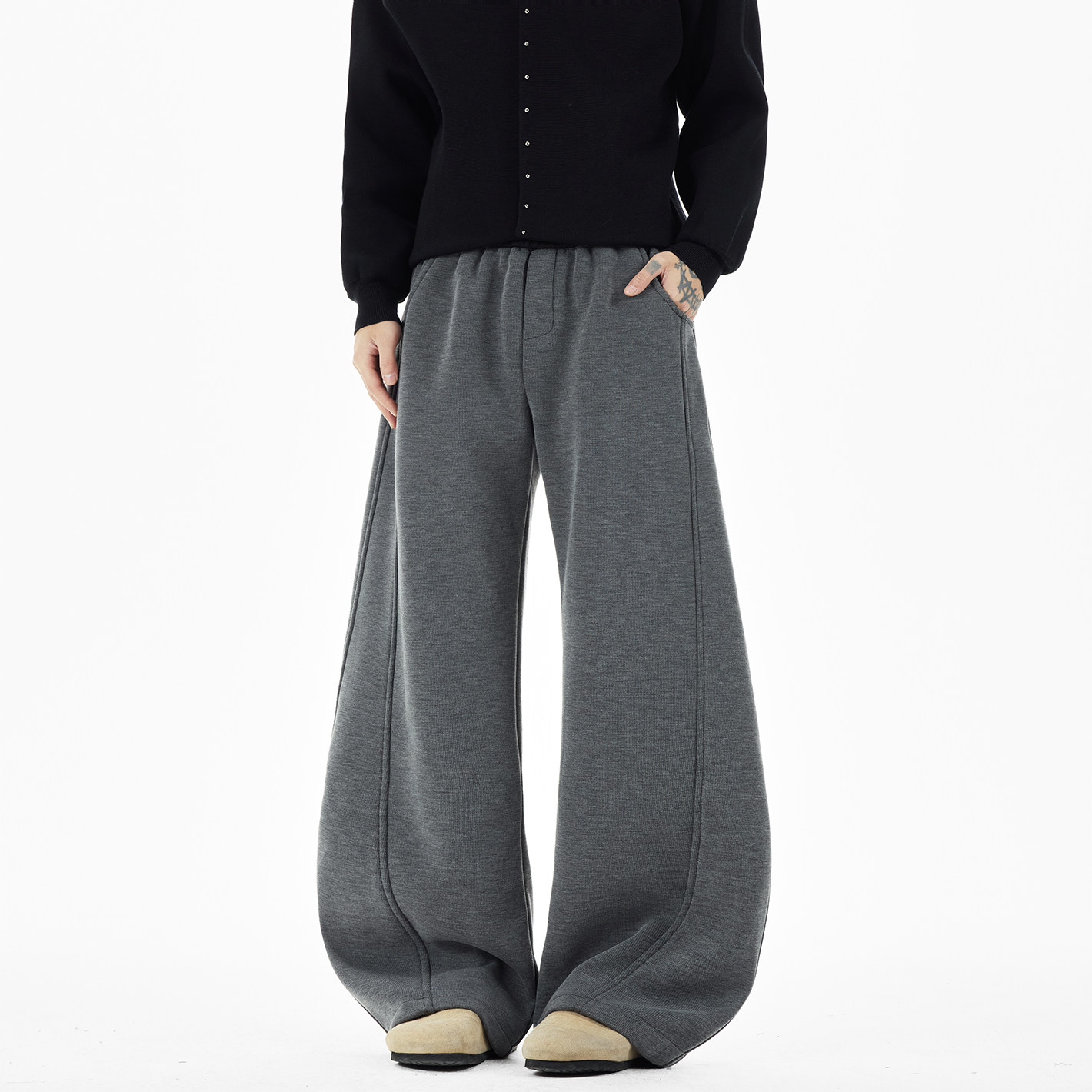 原创现货A412-DM542-特P60-限价98-400g加厚格雷灰腰头弯刀卫裤，男装休闲裤，电商A412