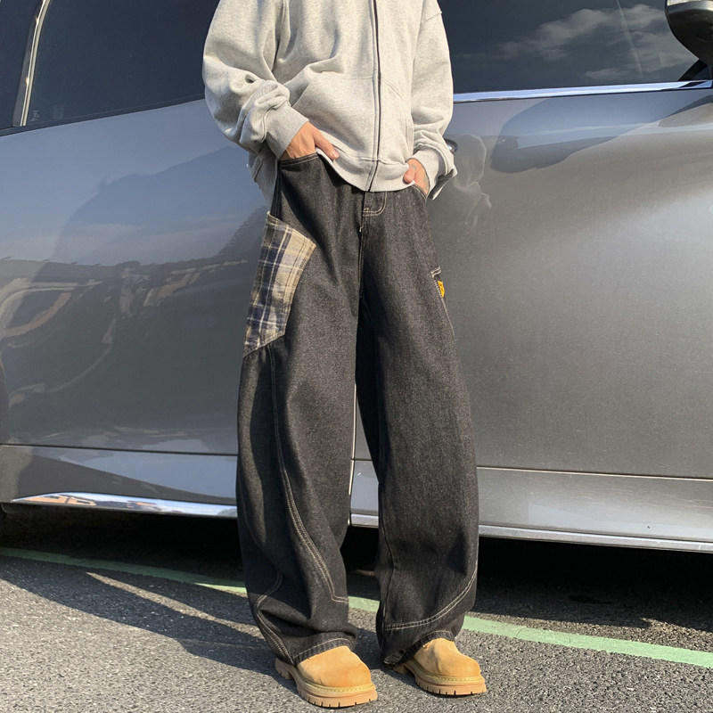 现货1000-A412-DM234-P68-限88-拼接格子宽松弯刀萝卜牛仔裤,男装牛仔裤,电商A412