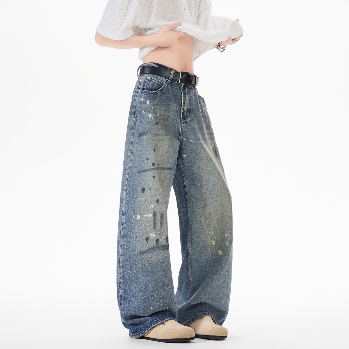 现货A412-DM383-特P45-限价78-泼墨直筒牛仔裤成份65棉20.5聚酯,男装牛仔裤,电商A412