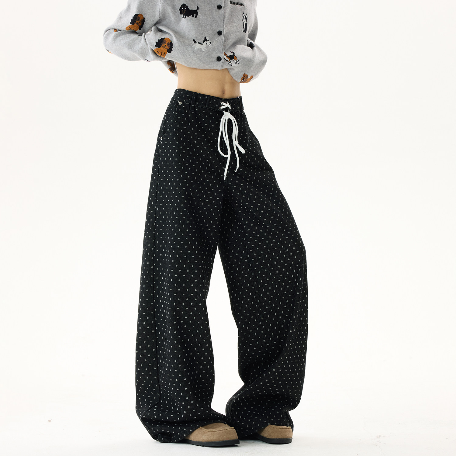 现货A412-DM441-特P46限价88-波点印花复古抽绳牛仔裤，男装牛仔裤，电商A412