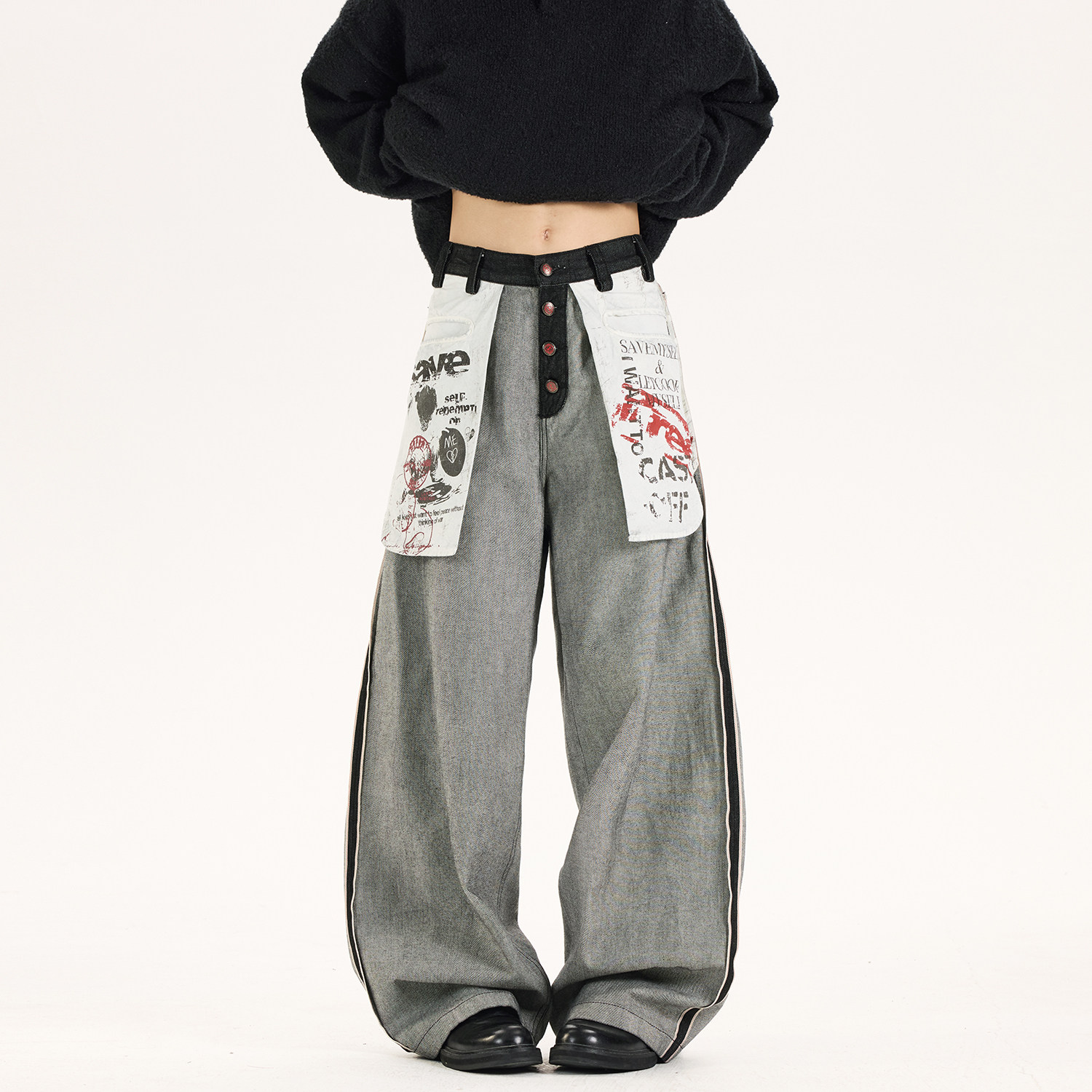 现货A412-DM454-特P50-限价88反穿大口袋印花A字牛仔裤,男装牛仔裤,电商A412
