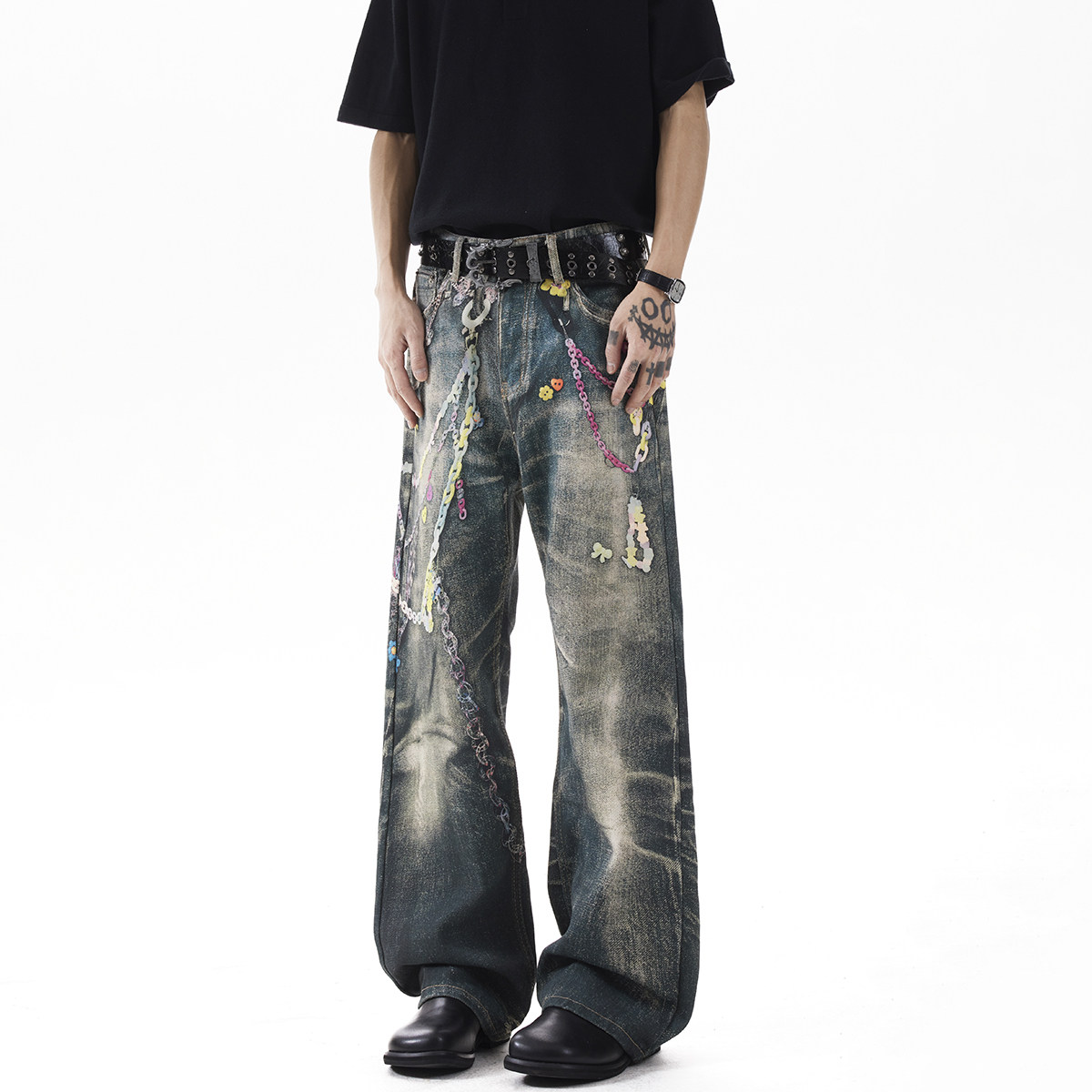 现货A412-DM387-特批50-3D打印糖果拉链印花牛仔裤,男装牛仔裤,电商A412