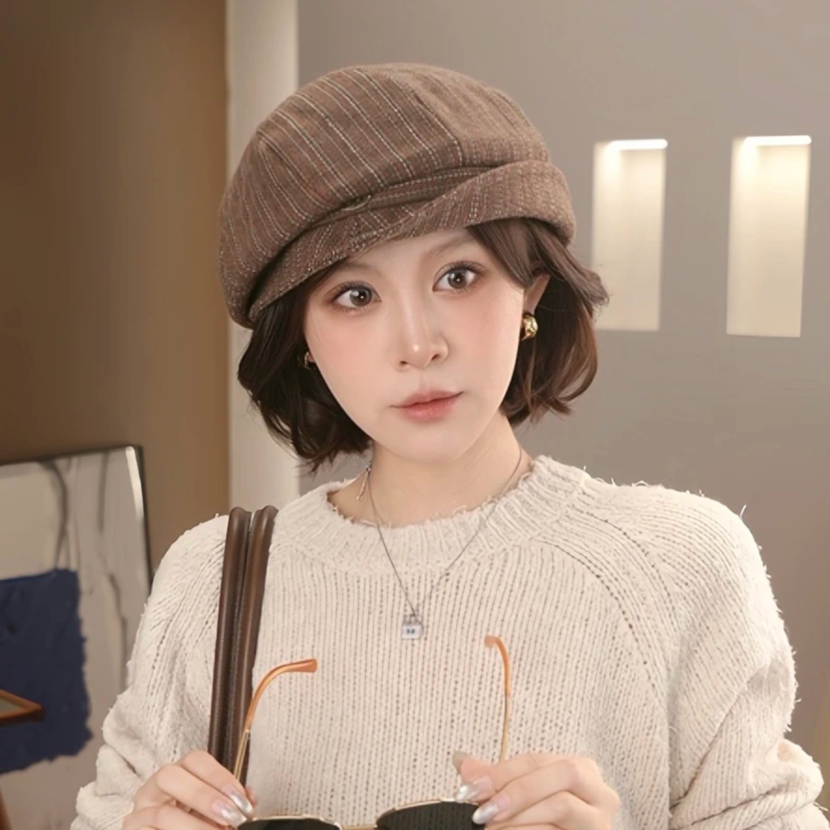 欧乐服配太一日系彩纱条纹复古报童帽女秋冬文艺显脸小八角贝雷帽