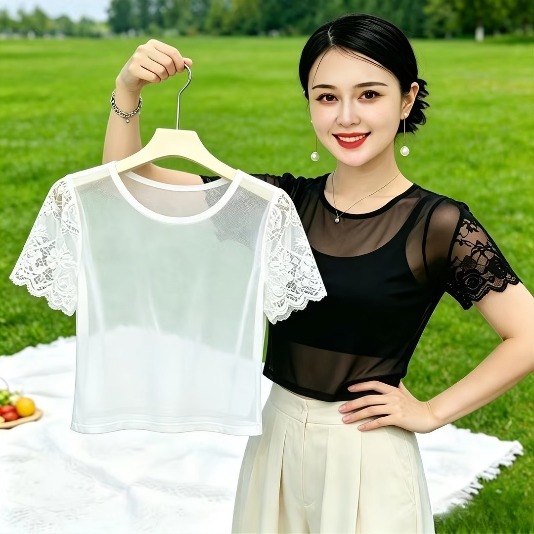 美人纺精品女装夏季新中式短款蕾丝拼接女显瘦百搭打底背心上衣女