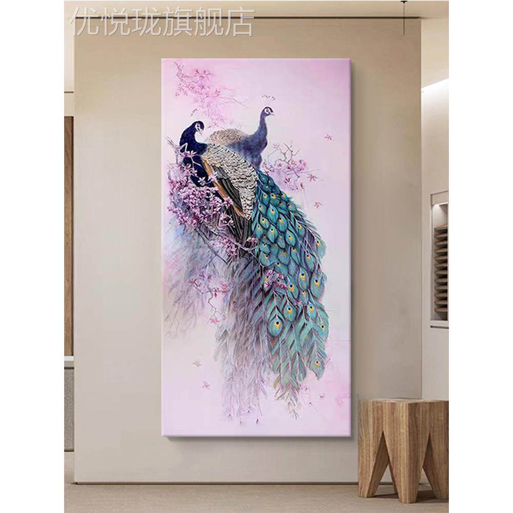 网红新中式孔雀手纯绘油画玄关装饰画客厅抽粉色象花卉肌理画动物