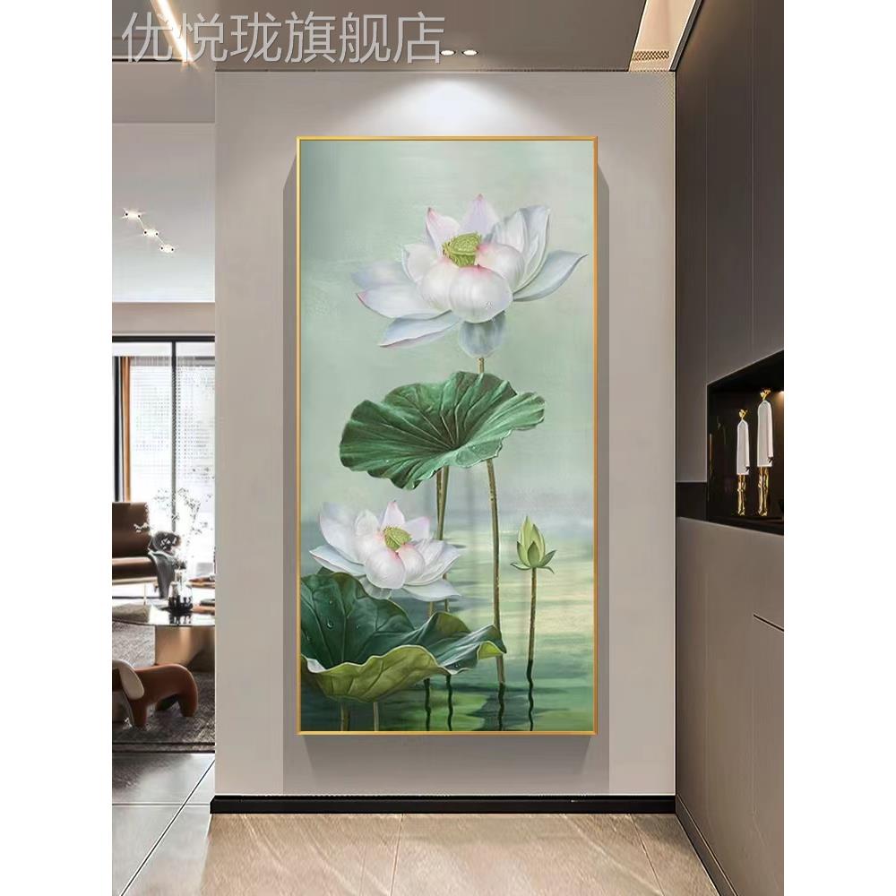 网红大芬纯绘村油画新版中式荷花客厅装饰手画玄走廊竖现代花关卉图片