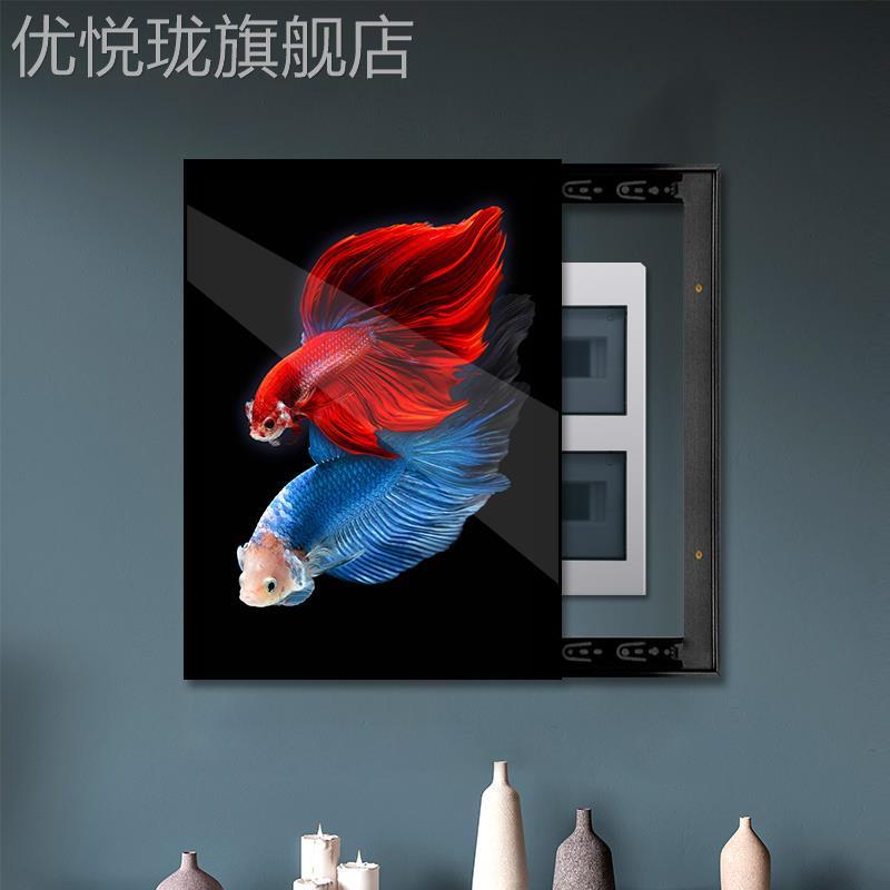 网红瓷画电表箱源装饰画竖款开轻奢孔雀鱼晶新中配电箱关盒电遮挡图片