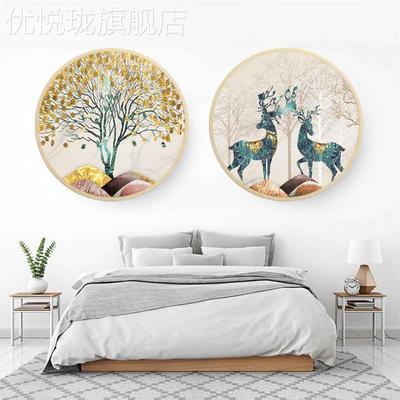 网红发财厅鹿装客画墙饰画圆关过玄道走形挂中式厅画餐壁画银
