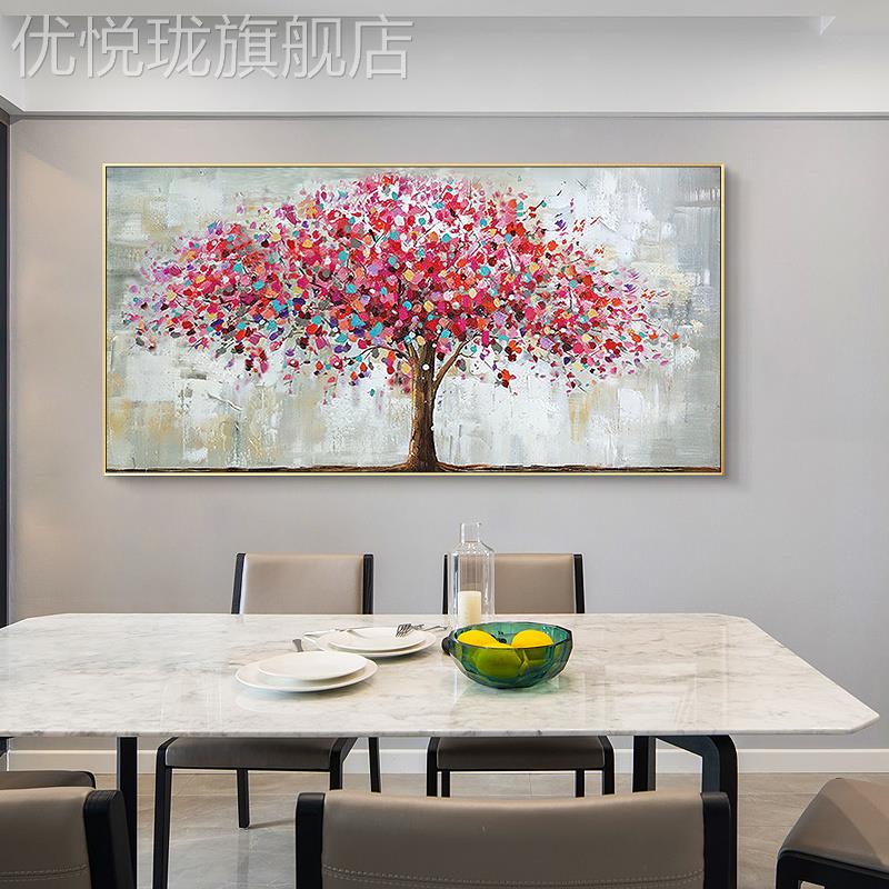 网红纯手绘油画定制约现代奢轻横版财壁画抽象挂画客简厅发装饰树图片