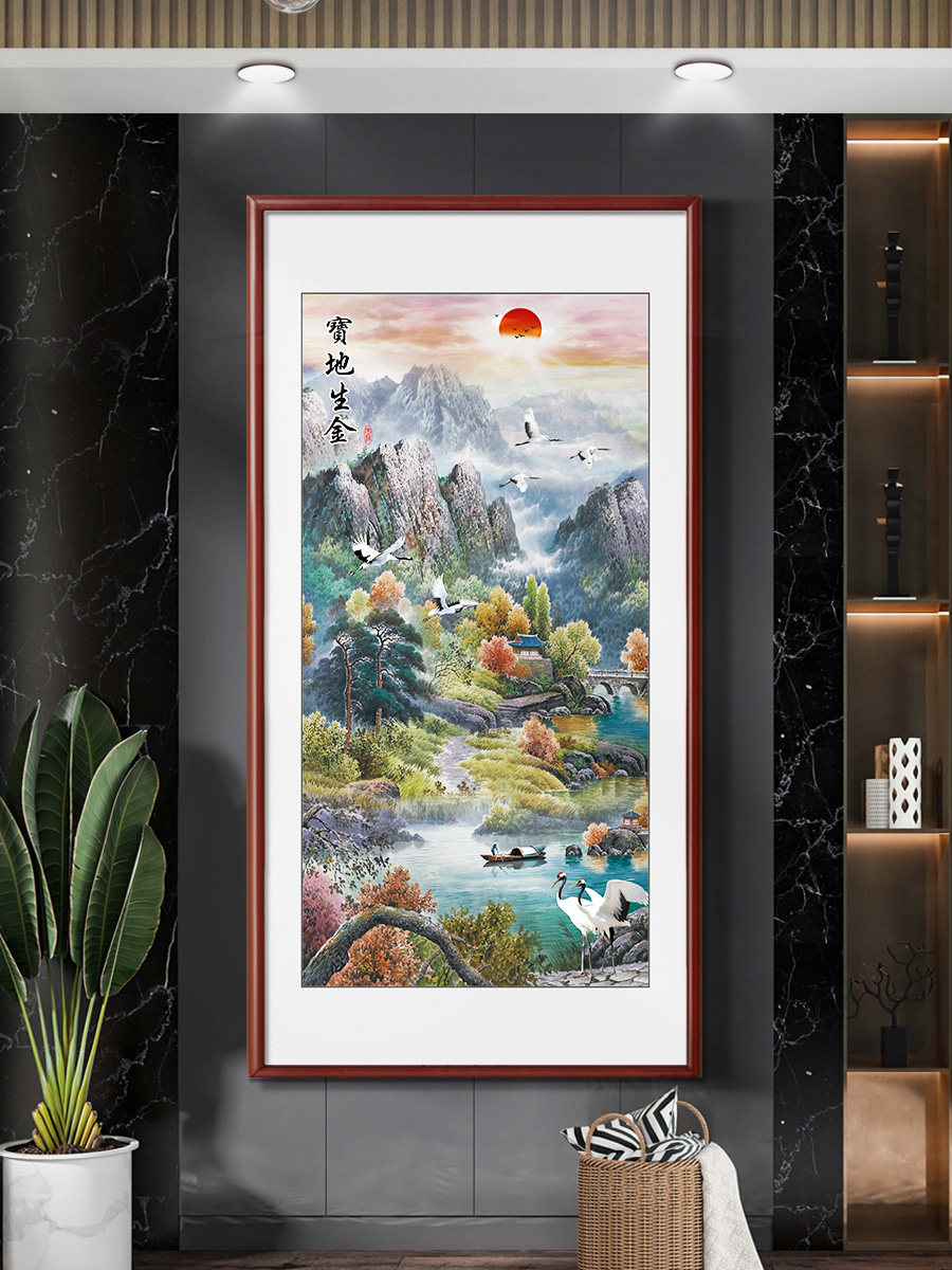 聚宝盆山水画挂画进门玄关画竖版八方来财装饰走廊过道壁画办网红